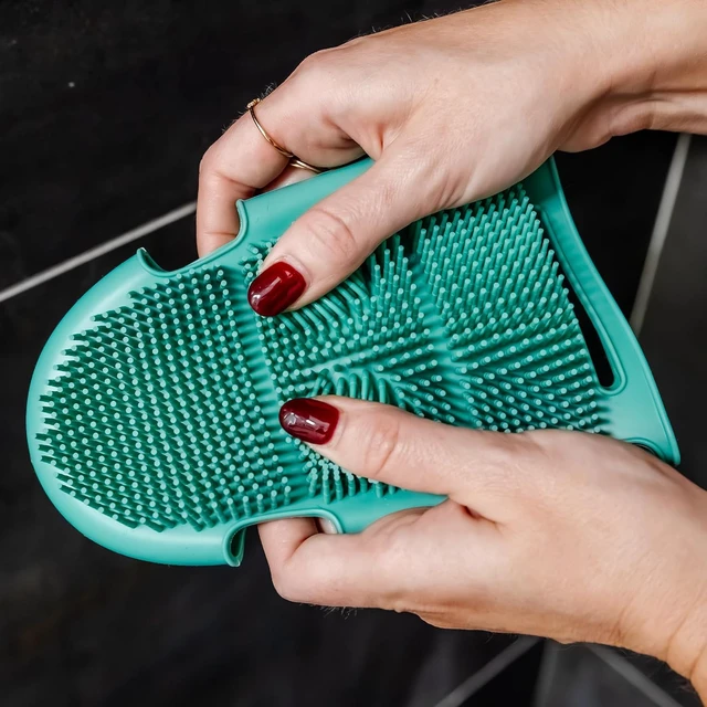 Alt view image 6 of 7 - Back & Sensitive Skin - Durable Loofah Alternative, Silicone Body Scrubber Glove with Shower Hooks - Gentle Exfoliator for Face