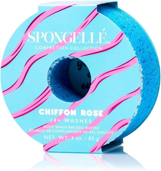 Main image of Vegan Cruelty-Free Shower Loofah for Women, Spongellé Rose Confection Body Buffer | Integrated Body Wash & Scrubber