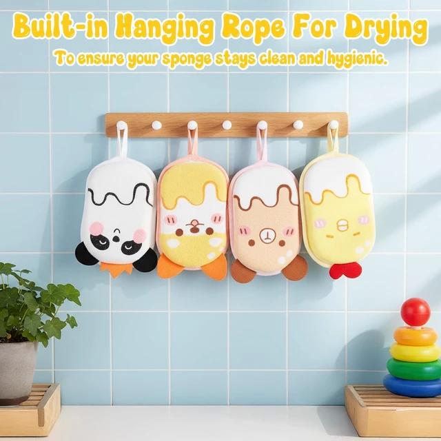 Alt view image 6 of 7 - Baby & Women - Soft Absorbent Exfoliating Body Scrubber for Shower Washing, Cute Cartoon Mesh Bath Loofah Sponge Set for Kids