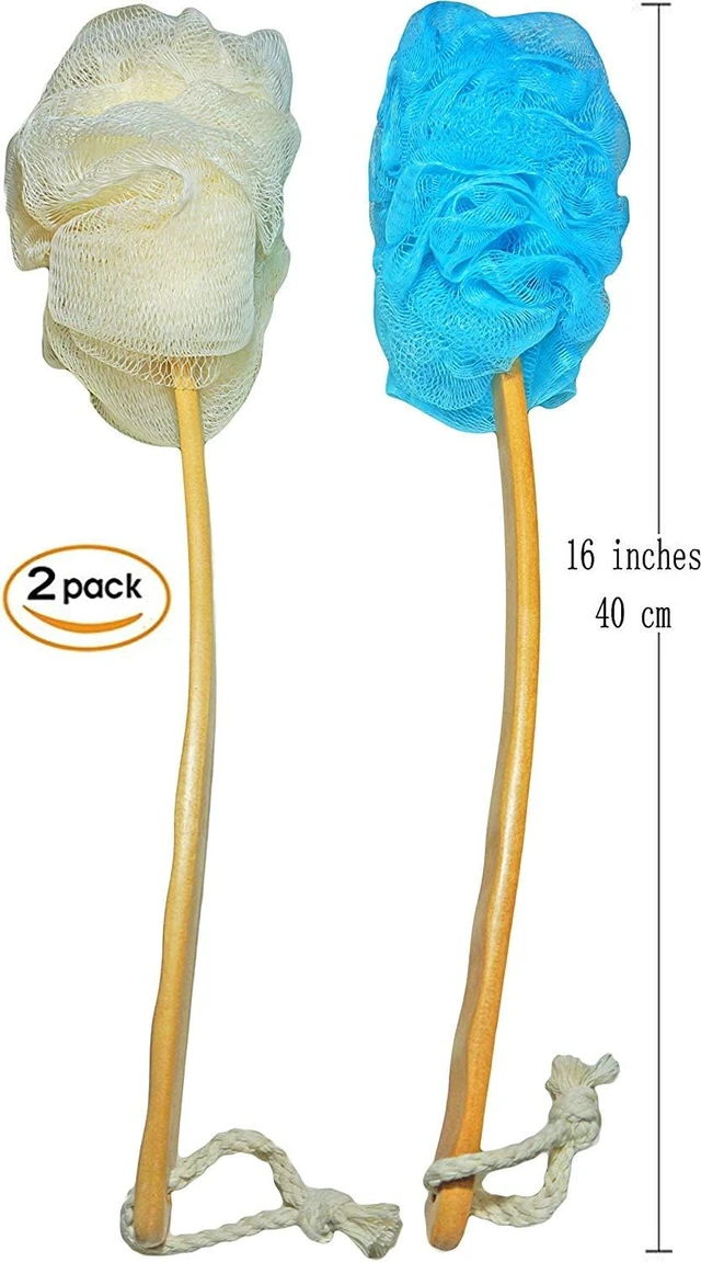 Alt view image 2 of 5 - Dual Pack Long Handle Wooden Bath Scrubber - Natural Luffa Back & Body Exfoliating Brush for Men and Women - Easy Reach Shower Wash Applicator