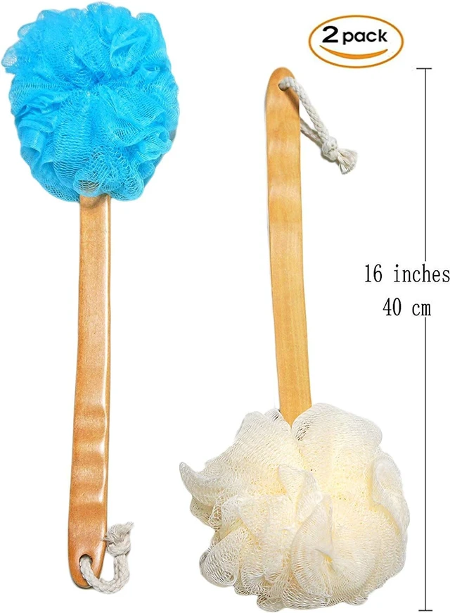 Alt view image 3 of 5 - Dual Pack Long Handle Wooden Bath Scrubber - Natural Luffa Back & Body Exfoliating Brush for Men and Women - Easy Reach Shower Wash Applicator