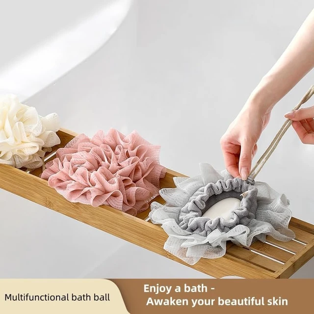 Alt view image 3 of 6 - Includes Bonus Kitchen Sponge, Exfoliating Mesh Shower Pouf for Smooth Skin, Dual-Function Loofah and Washcloth Set with Soap Holder