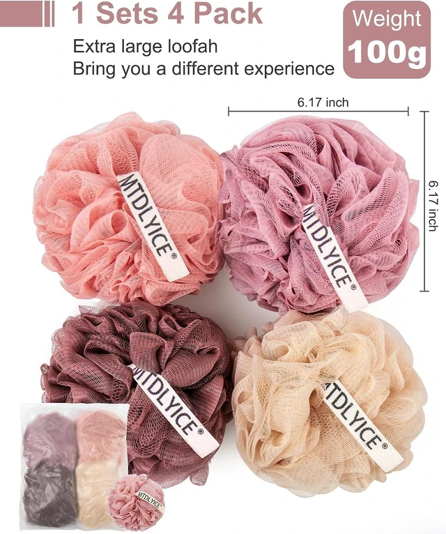 Alt view image 3 of 7 - Bath Accessories for Body Wash and Soap, Large Body Scrub Shower Pouf for Men, Soft Mesh Loofah Sponge