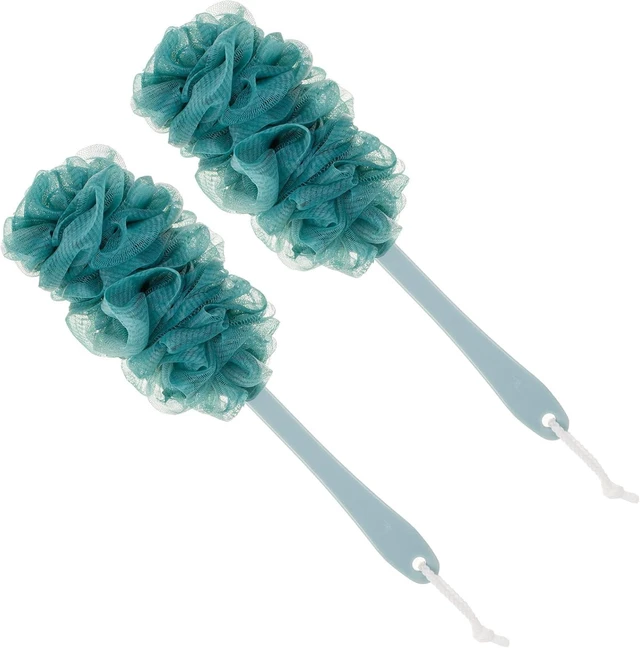 Main image of Exfoliating Bath Body Brush on Stick for Men Women Elderly, Long Handle Back Scrubber with Soft Nylon Mesh Loofah