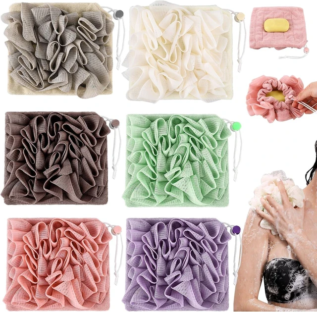 Main image of Set of Six Dual-Purpose Loofah Sponges with Drawstring and Soap Pocket for Body Exfoliation and Cleansing
