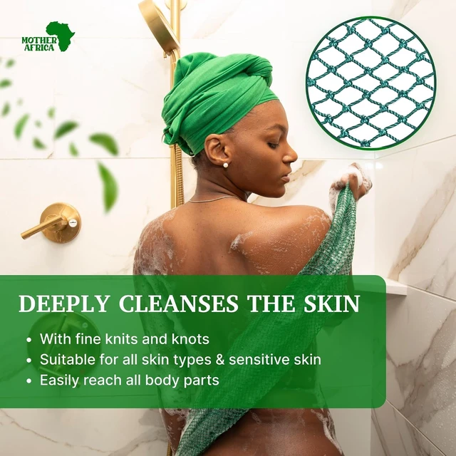 Alt view image 6 of 7 - Exfoliating Body Scrubber and Bath Loofah for Deep Cleansing Shower Use, Authentic African Net Sponge with Knots
