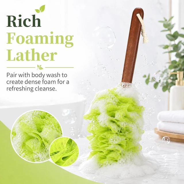 Alt view image 4 of 7 - Wooden Stick & Gentle Mesh Texture, Bath Sponge with Long Handle