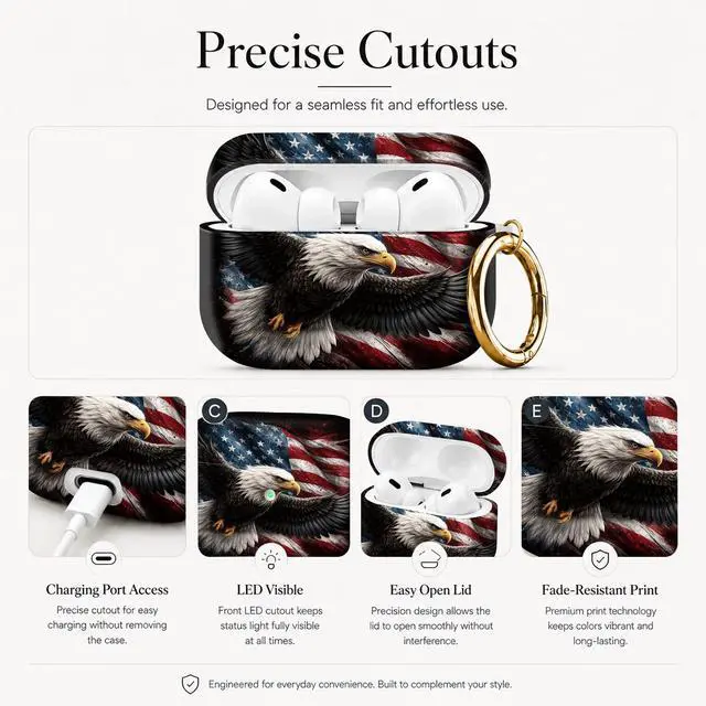 Alt view image 3 of 7 - Compatible with AirPod Pro 3 Case (2025), Stylish Pattern Protective Cover with Keychain, Shockproof Anti-Drop TPU Case for Women and Men(American Flag Eagle)