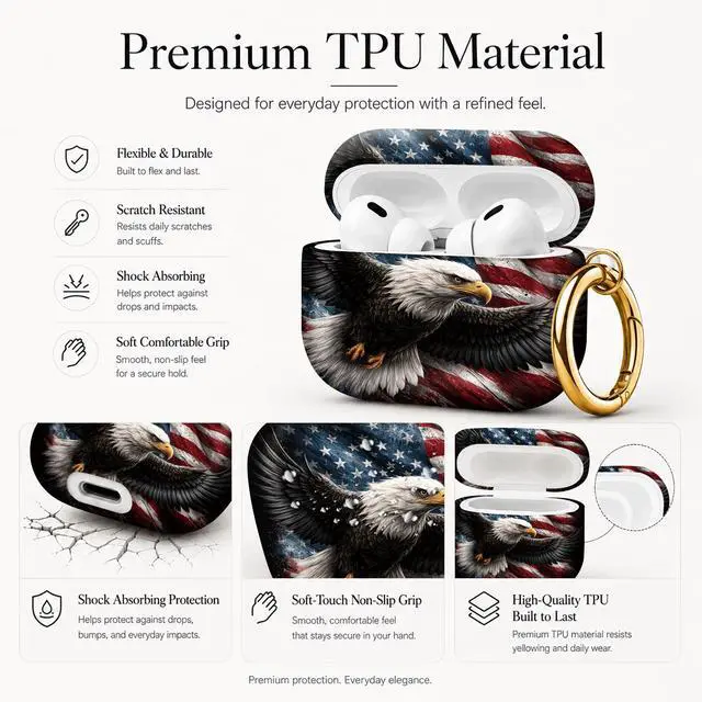 Alt view image 4 of 7 - Compatible with AirPod Pro 3 Case (2025), Stylish Pattern Protective Cover with Keychain, Shockproof Anti-Drop TPU Case for Women and Men(American Flag Eagle)