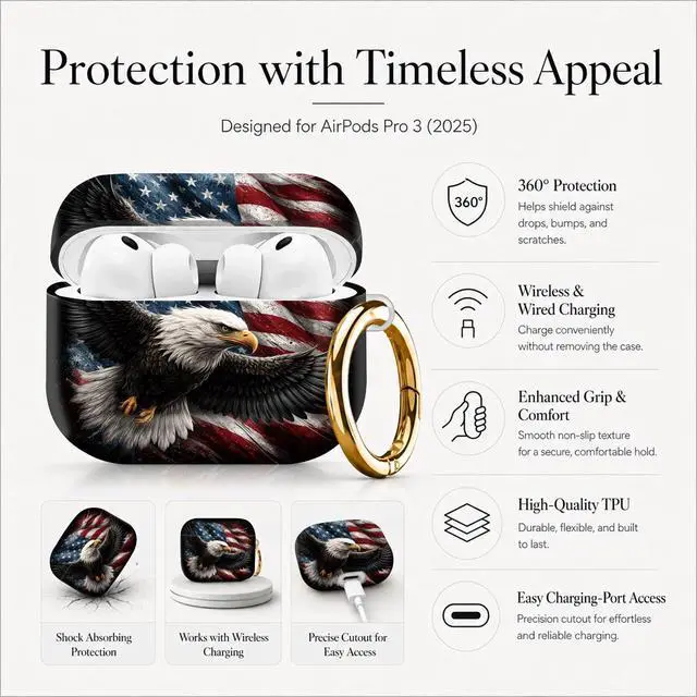 Alt view image 5 of 7 - Compatible with AirPod Pro 3 Case (2025), Stylish Pattern Protective Cover with Keychain, Shockproof Anti-Drop TPU Case for Women and Men(American Flag Eagle)