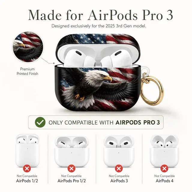 Alt view image 6 of 7 - Compatible with AirPod Pro 3 Case (2025), Stylish Pattern Protective Cover with Keychain, Shockproof Anti-Drop TPU Case for Women and Men(American Flag Eagle)