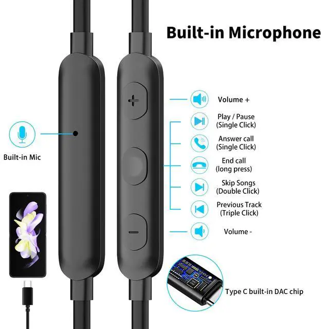 Alt view image 6 of 6 - USB C Wired Headphones with Mic for iPhone 17 17e 16e 16 15 Plus 5G | Type C Earbuds Magnetic Noise Canceling in-Ear Earphones for iPad Air Samsung Flip8 Fold8 Galaxy S26 S25 Oneplus 15 Pixel 10a