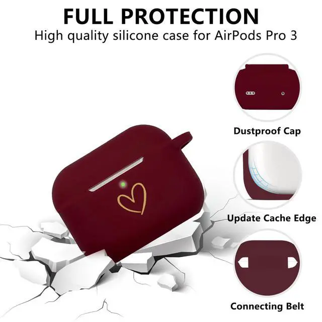 Alt view image 2 of 7 - Compatible with AirPods Pro 3 Case Cover 2025, Soft Silicone Case with Gold Heart Pattern for AirPods Pro 3rd Generation Case with Pendant Keychain for Girls Women (Burgundy)