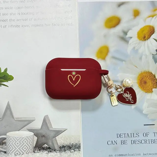 Alt view image 5 of 7 - Compatible with AirPods Pro 3 Case Cover 2025, Soft Silicone Case with Gold Heart Pattern for AirPods Pro 3rd Generation Case with Pendant Keychain for Girls Women (Burgundy)