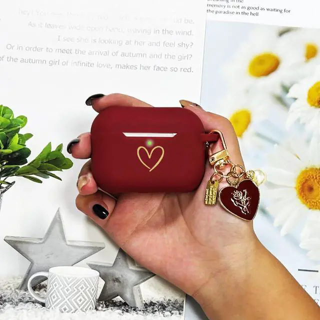 Alt view image 6 of 7 - Compatible with AirPods Pro 3 Case Cover 2025, Soft Silicone Case with Gold Heart Pattern for AirPods Pro 3rd Generation Case with Pendant Keychain for Girls Women (Burgundy)