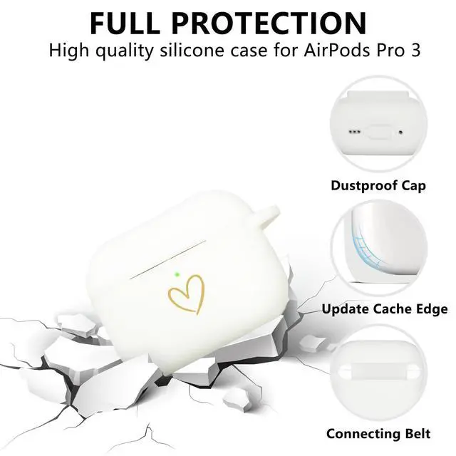 Alt view image 2 of 7 - Compatible with AirPods Pro 3 Case Cover 2025, Soft Silicone Case with Gold Heart Pattern for AirPods Pro 3rd Generation Case with Pendant Keychain for Girls Women (White)