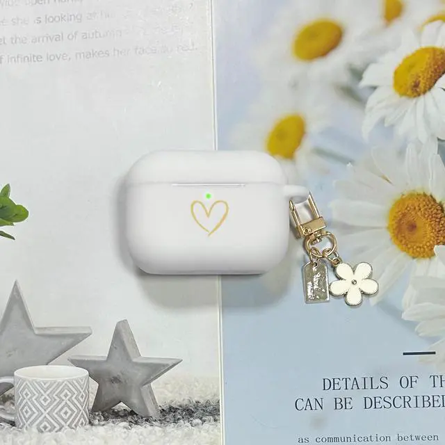 Alt view image 5 of 7 - Compatible with AirPods Pro 3 Case Cover 2025, Soft Silicone Case with Gold Heart Pattern for AirPods Pro 3rd Generation Case with Pendant Keychain for Girls Women (White)