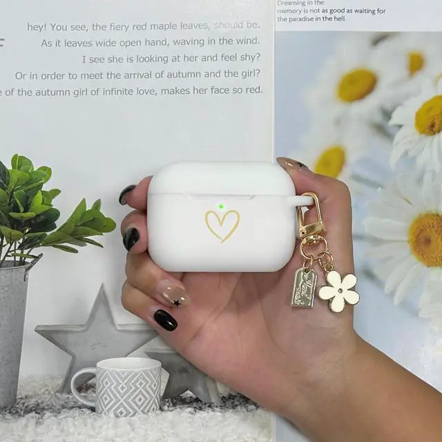 Alt view image 6 of 7 - Compatible with AirPods Pro 3 Case Cover 2025, Soft Silicone Case with Gold Heart Pattern for AirPods Pro 3rd Generation Case with Pendant Keychain for Girls Women (White)