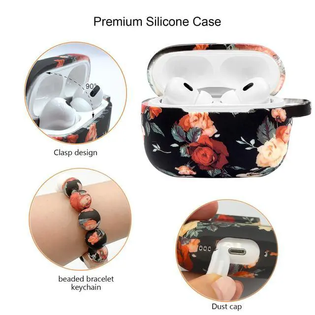 Alt view image 4 of 7 - Case Compatible with Airpods Pro 2nd Generation, Soft Silicone Cute Skin Full Protective Case with Bracelet Keychain - Vintage Rose
