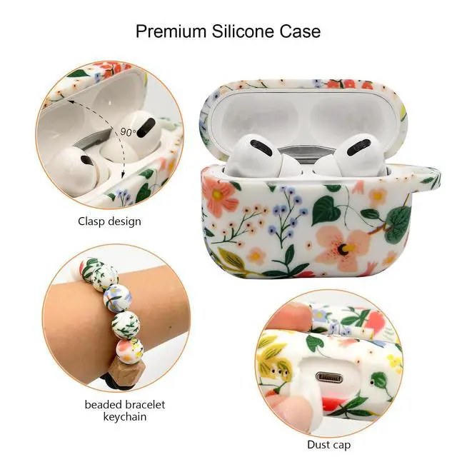 Alt view image 3 of 7 - Case Compatible with Airpods Pro 2nd Generation, Soft Silicone Cute Skin Full Protective Case with Bracelet Keychain (Flower Pattern)