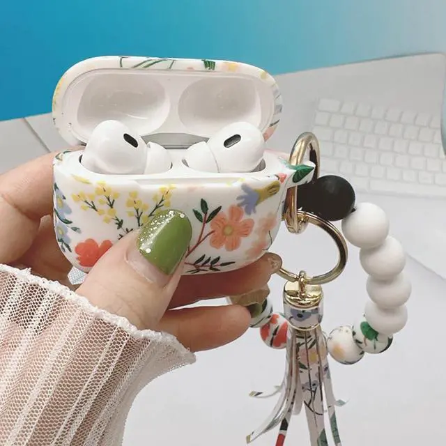Alt view image 6 of 7 - Case Compatible with Airpods Pro 2nd Generation, Soft Silicone Cute Skin Full Protective Case with Bracelet Keychain (Flower Pattern)