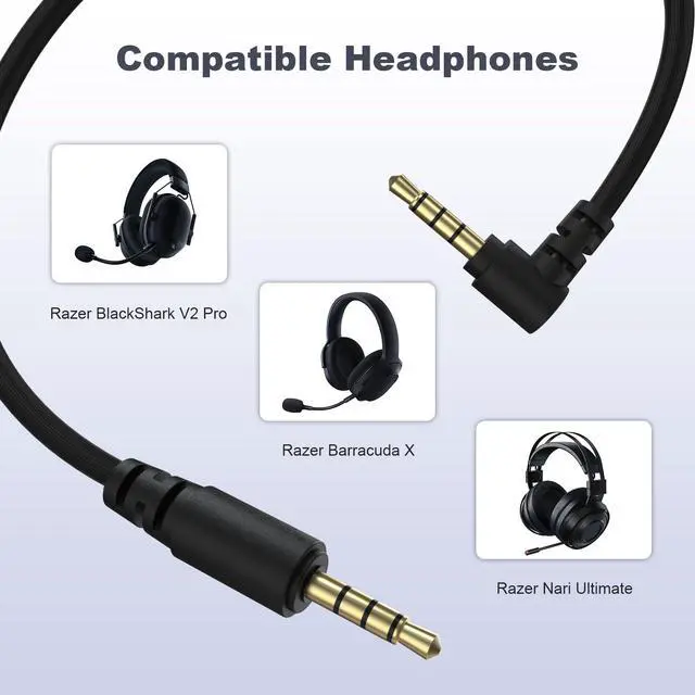 Alt view image 2 of 6 - Replacement 3.5mm Audio Cable Aux Cord Compatible with Razer BlackShark V2 Pro, Barracuda X, Nari Ultimate Gaming Headphones, 5FT