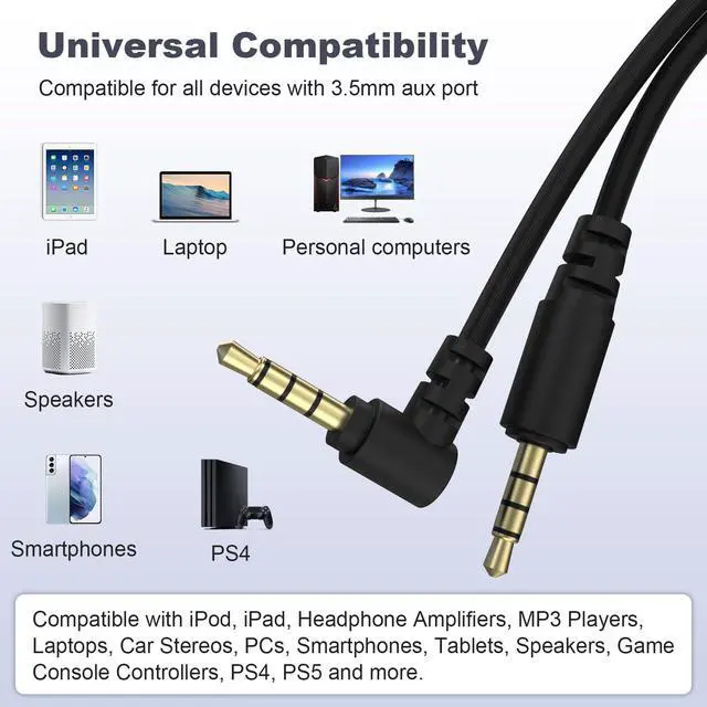 Alt view image 3 of 6 - Replacement 3.5mm Audio Cable Aux Cord Compatible with Razer BlackShark V2 Pro, Barracuda X, Nari Ultimate Gaming Headphones, 5FT