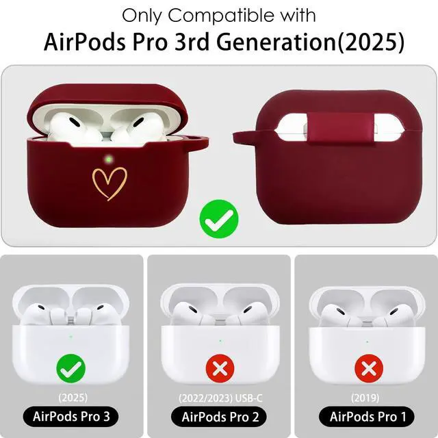 Alt view image 4 of 7 - Compatible with AirPods Pro 3 Case Cover 2025, Soft Silicone Case with Gold Heart Pattern for AirPods Pro 3rd Generation Case with Pendant Keychain for Girls Women (Burgundy)