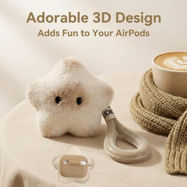 Alt view image 2 of 7 - Plush Star Case Compatible with AirPods Pro 3 (2025), Soft Fuzzy Cover with Lanyard for AirPods Pro 3rd Generation, Beige Gradient,Kawaii Star Integrated Shell Design Earbuds Cover with Dust Plug
