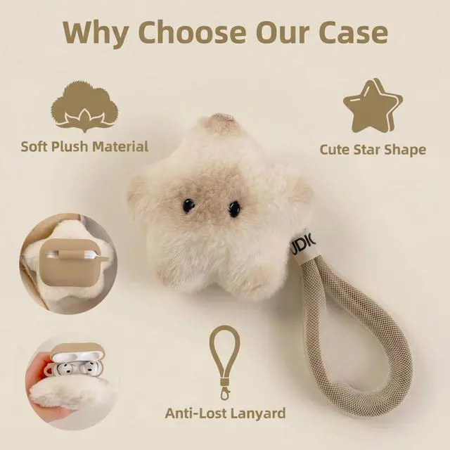 Alt view image 5 of 7 - Plush Star Case Compatible with AirPods Pro 3 (2025), Soft Fuzzy Cover with Lanyard for AirPods Pro 3rd Generation, Beige Gradient,Kawaii Star Integrated Shell Design Earbuds Cover with Dust Plug