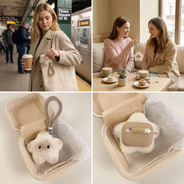 Alt view image 6 of 7 - Plush Star Case Compatible with AirPods Pro 3 (2025), Soft Fuzzy Cover with Lanyard for AirPods Pro 3rd Generation, Beige Gradient,Kawaii Star Integrated Shell Design Earbuds Cover with Dust Plug
