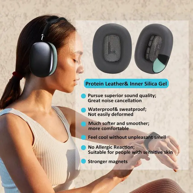 Alt view image 2 of 7 - Upgraded Silicone Ear Cushions for AirPods Max Headphones, Protein Leather Covered Ear Pads with Silicone & Memory Foam and Magnet (Black)