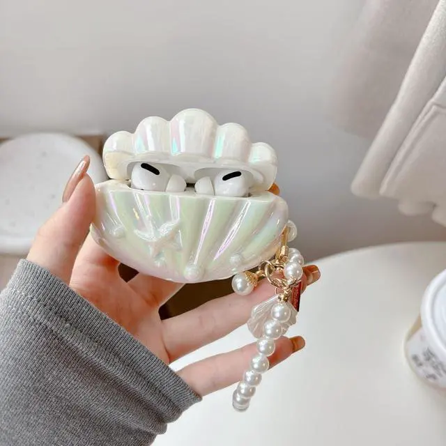 Alt view image 2 of 6 - for Airpods Pro 2nd Generation Case, Beautiful Sparkly Seashell Compatible for Airpods Pro Earphone Cover with Pearl Hanging Chain