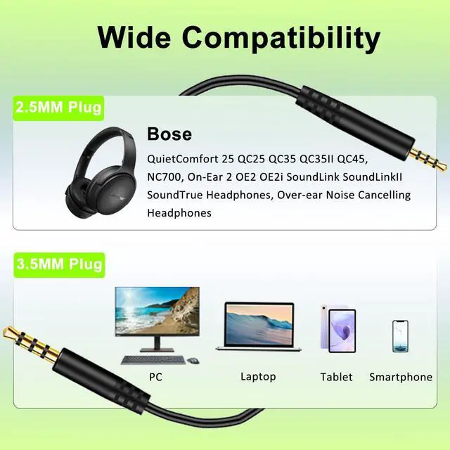 Alt view image 2 of 6 - Replacement Bose Headphone Cord, 2.5mm Male to 3.5mm Male Audio Cable | Bose Headphone Cable Compatible with Bose 700 QuietComfort QC45 QC35II QC35 QC25 OE2 Headsets, In-line Mic & Volume Control