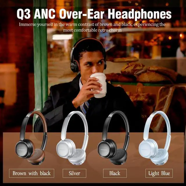 Alt view image 2 of 7 - Wireless Bluetooth Headphones with Active Noise Cancelling (ANC), Over Ear Headphones with 100-Hour Battery, Lightweight Design (4.6oz), Comfort Fit Protein Leather for Work/Travel