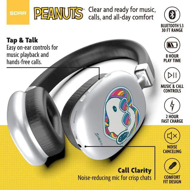 Alt view image 5 of 7 - Peanuts Snoopy Active Noise Cancelling Wireless Headphones Silver- Groovy
