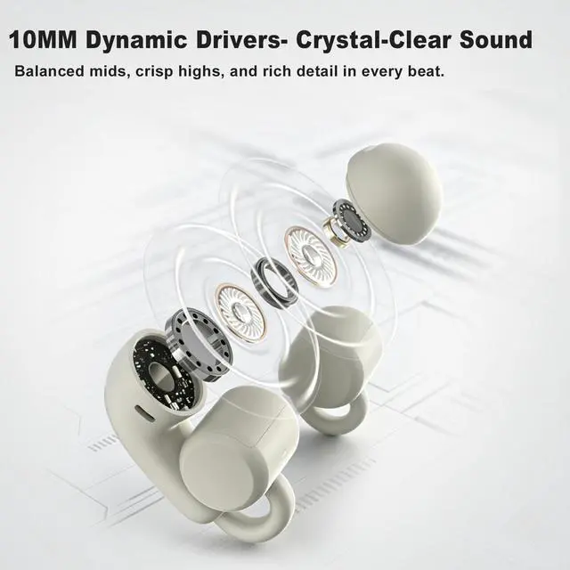 Alt view image 2 of 7 - Open Ear Clip-On Wireless Earbuds, Bluetooth 5.4 Headphones with ANC & Dual Mics, IP65 Waterproof, 18-Hour Playtime Earphone, Touch Control & Multipoint Connection for Running, Workout & Gym