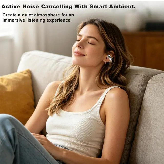 Alt view image 3 of 7 - Open Ear Clip-On Wireless Earbuds, Bluetooth 5.4 Headphones with ANC & Dual Mics, IP65 Waterproof, 18-Hour Playtime Earphone, Touch Control & Multipoint Connection for Running, Workout & Gym