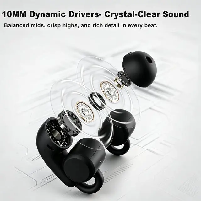Alt view image 2 of 7 - Open Ear Clip-On Wireless Earbuds, Bluetooth 5.4 Headphones with ANC & Dual Mics, IP65 Waterproof, 18-Hour Playtime Earphone, Touch Control & Multipoint Connection for Running, Workout & Gym