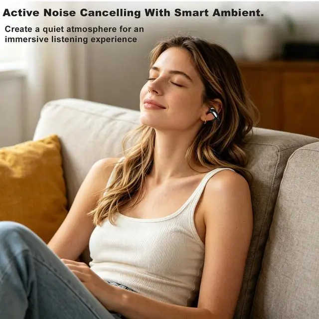 Alt view image 3 of 7 - Open Ear Clip-On Wireless Earbuds, Bluetooth 5.4 Headphones with ANC & Dual Mics, IP65 Waterproof, 18-Hour Playtime Earphone, Touch Control & Multipoint Connection for Running, Workout & Gym