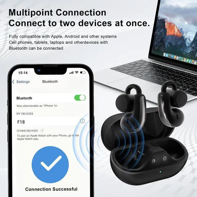 Alt view image 5 of 7 - Open Ear Clip-On Wireless Earbuds, Bluetooth 5.4 Headphones with ANC & Dual Mics, IP65 Waterproof, 18-Hour Playtime Earphone, Touch Control & Multipoint Connection for Running, Workout & Gym