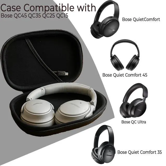 Alt view image 2 of 6 - Headphones Case Compatible with Bose QC45/QC35/QC25/QC15/Ultra Gaming Headset, PU Hard Shell Travel Case with Cable Storage, Black