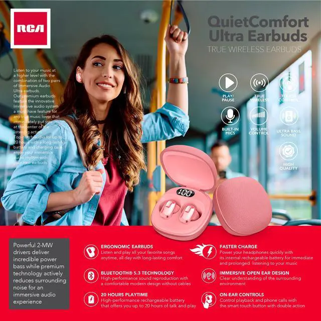 Alt view image 6 of 7 - ClearSound True Wireless Earbuds with LED Battery Display, Bluetooth 5.3, Deep Bass, Touch Controls, Noise Isolation, USB-C Fast Charging Compact in-Ear Headphones for Everyday Use (Pink)