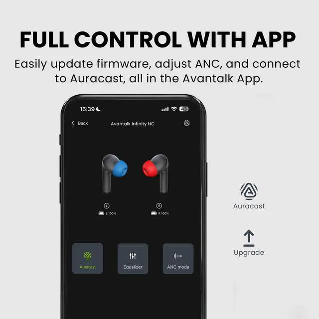Alt view image 5 of 6 - Avantree Infinity NC - Auracast ANC Bluetooth Earbuds | LE Audio earbuds with active noise cancellation, aptX Adaptive, low latency, custom EQ app, and clear calls for TV, phone