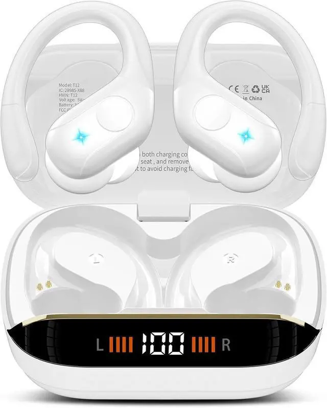 Main image of Wireless Earbuds Bluetooth 5.4 Headphones 75H Stereo Deep Bass Sports Over Ear Buds with Earhooks, LED Display Bluetooth Earbuds with 4 ENC Mic, IP7 Waterproof Earphone for Running, White