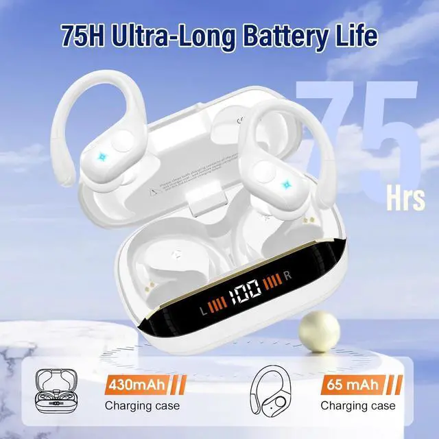 Alt view image 4 of 6 - Wireless Earbuds Bluetooth 5.4 Headphones 75H Stereo Deep Bass Sports Over Ear Buds with Earhooks, LED Display Bluetooth Earbuds with 4 ENC Mic, IP7 Waterproof Earphone for Running, White