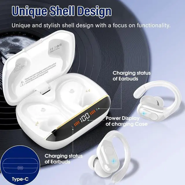 Alt view image 5 of 6 - Wireless Earbuds Bluetooth 5.4 Headphones 75H Stereo Deep Bass Sports Over Ear Buds with Earhooks, LED Display Bluetooth Earbuds with 4 ENC Mic, IP7 Waterproof Earphone for Running, White