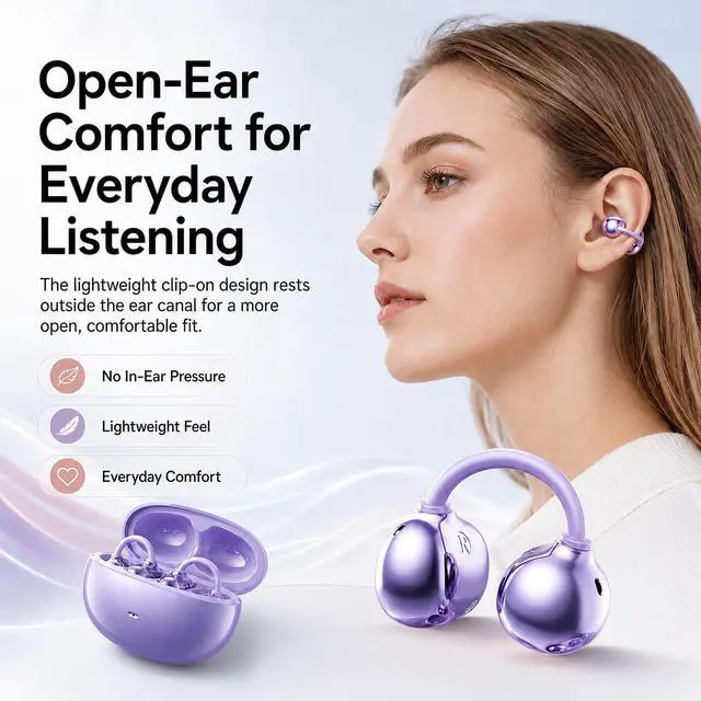 Alt view image 2 of 6 - Open Ear Earbuds Clip on Earbuds Earbuds for Small Ears with Spatial Audio,Invisible Fit Air Conduction Headphones, Bluetooth 6.0 Open-Ear Clip for Running, Work & All-Day Comfort. (Purple)