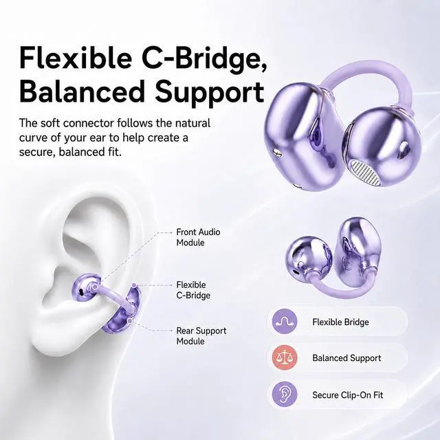 Alt view image 3 of 6 - Open Ear Earbuds Clip on Earbuds Earbuds for Small Ears with Spatial Audio,Invisible Fit Air Conduction Headphones, Bluetooth 6.0 Open-Ear Clip for Running, Work & All-Day Comfort. (Purple)