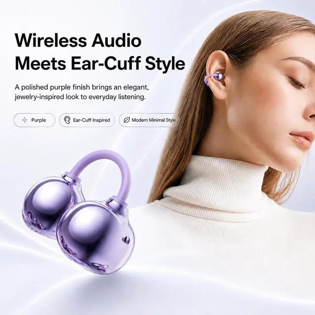 Alt view image 4 of 6 - Open Ear Earbuds Clip on Earbuds Earbuds for Small Ears with Spatial Audio,Invisible Fit Air Conduction Headphones, Bluetooth 6.0 Open-Ear Clip for Running, Work & All-Day Comfort. (Purple)